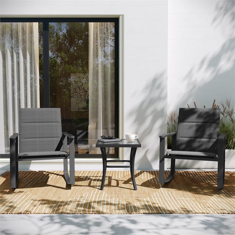 3 Piece All-Weather Rocking Chairs and Glass Top Table Bistro Set - Black/Black
