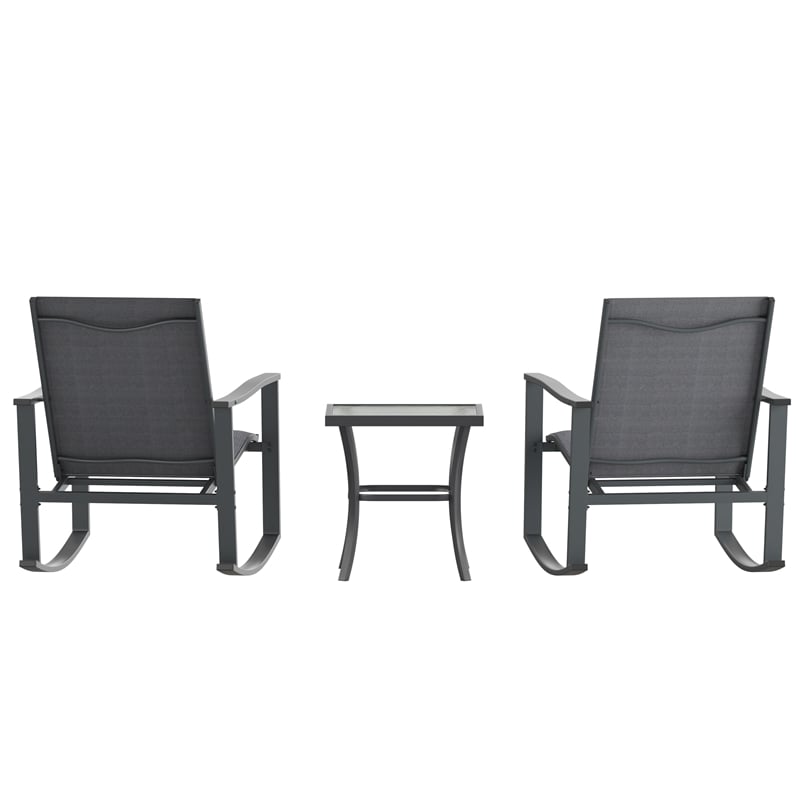 3 Piece All-Weather Rocking Chairs and Glass Top Table Bistro Set - Black/Black