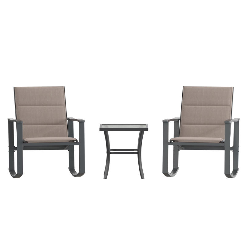 3 Piece All-Weather Rocking Chairs and Glass Top Table Bistro Set - Brown/Black