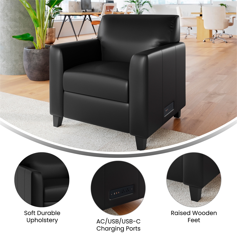 Commercial LeatherSoft Reception Chair with AC/USB/USB-C Charging Ports in Black