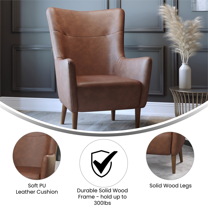 Commercial Wingback Accent Chair with Wooden Legs in Dark Brown Faux Leather