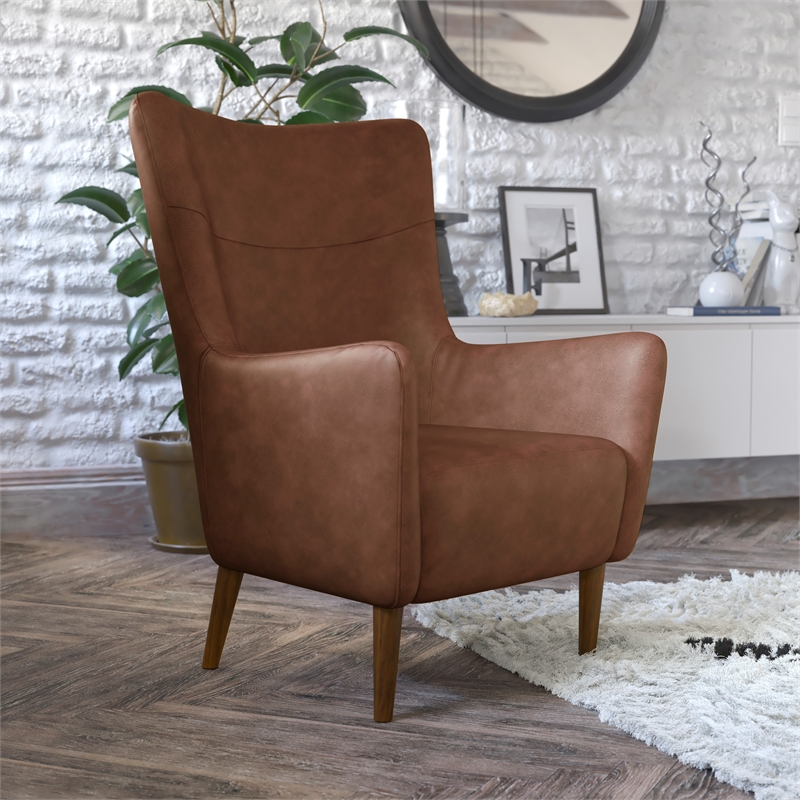 Commercial Wingback Accent Chair with Wooden Legs in Dark Brown Faux Leather