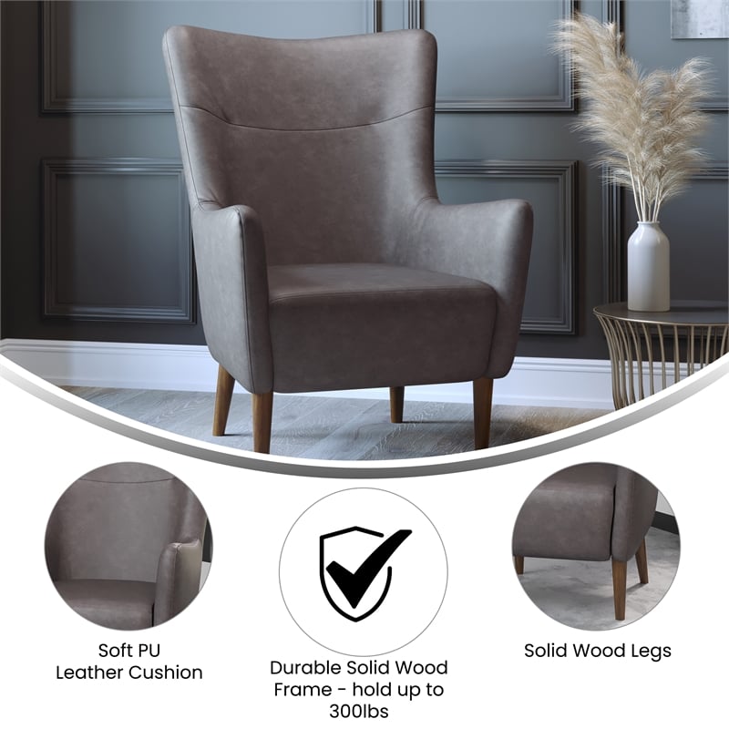 Commercial Wingback Accent Chair with Wooden Legs in Dark Gray Faux Leather