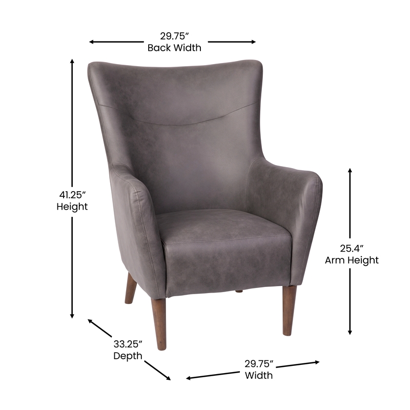 Commercial Wingback Accent Chair with Wooden Legs in Dark Gray Faux Leather