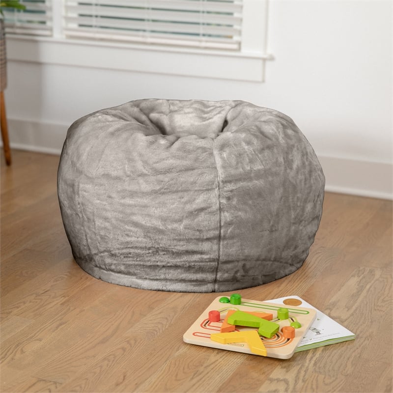 Flash Furniture Small Gray Furry Refillable Bean Bag Chair for Kids and Teens