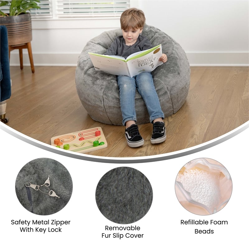 Flash Furniture Small Gray Furry Refillable Bean Bag Chair for Kids and Teens