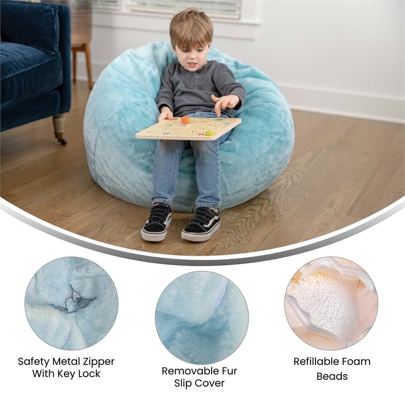 Flash Furniture Small Teal Furry Refillable Bean Bag Chair for Kids and Teens