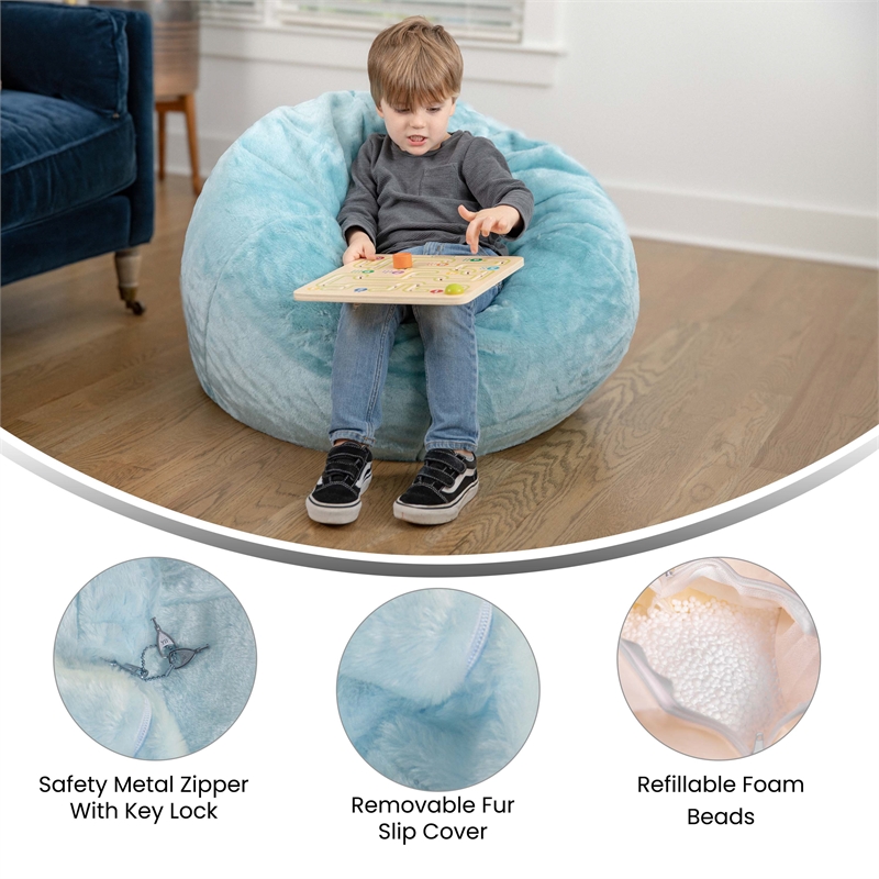 Flash Furniture Small Teal Furry Refillable Bean Bag Chair for Kids and Teens