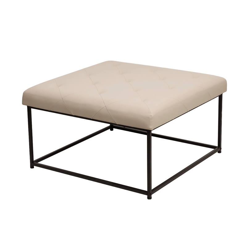 Square LeatherSoft Tufted Ottoman with Black Metal Frame in Beige