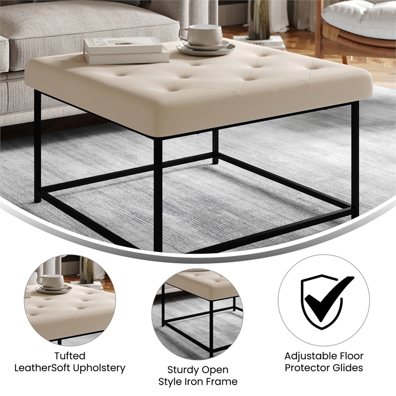 Square LeatherSoft Tufted Ottoman with Black Metal Frame in Beige