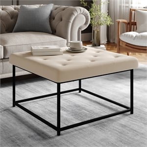 Square LeatherSoft Tufted Ottoman with Black Metal Frame in Beige