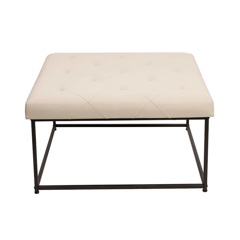 Square LeatherSoft Tufted Ottoman with Black Metal Frame in Beige