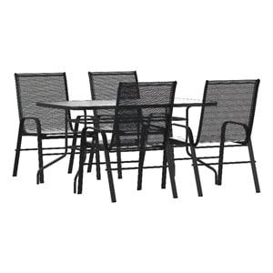 5 Piece Patio Dining Set - 55&quot Glass Patio Table 4 Black Flex Stack Chairs