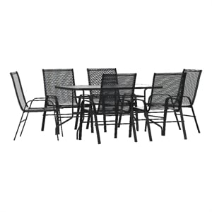7 Piece Patio Dining Set - 55&quot Glass Patio Table 6 Black Flex Stack Chairs