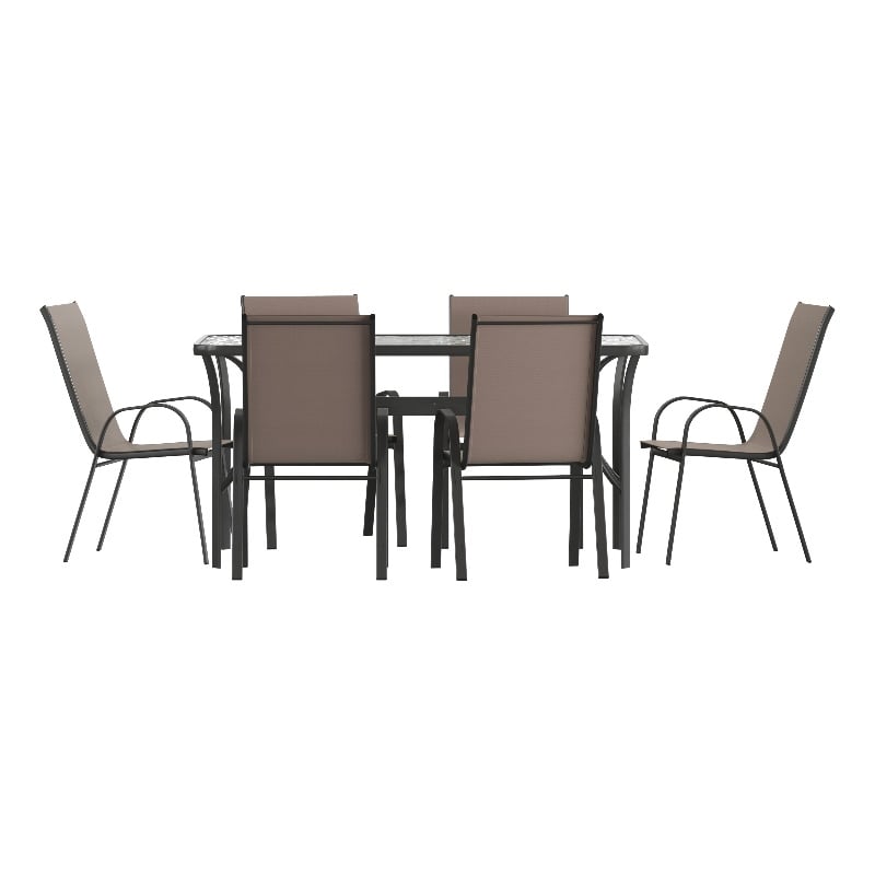Commercial 7 Pc Outdoor Patio Dining Set with Glass Table and 6 Chairs - Brown