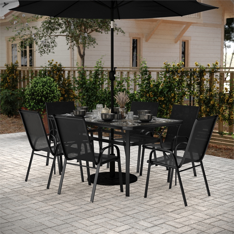 Commercial 7 Pc Outdoor Patio Dining Set with Glass Table and 6 Chairs - Black
