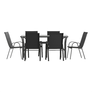 Commercial 7 Pc Outdoor Patio Dining Set with Glass Table and 6 Chairs - Black