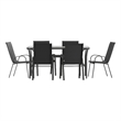 Commercial 7 Pc Outdoor Patio Dining Set with Glass Table and 6 Chairs - Black