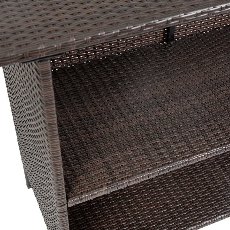 Indoor/Outdoor Wicker Rattan Patio Bar Counter Table with Two Shelves in Brown