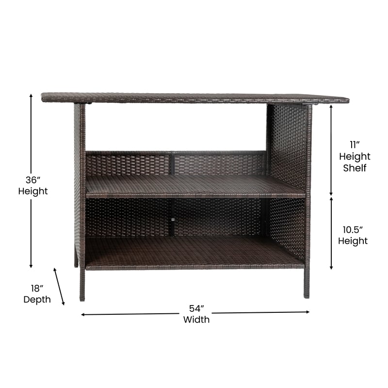 Indoor/Outdoor Wicker Rattan Patio Bar Counter Table with Two Shelves in Brown