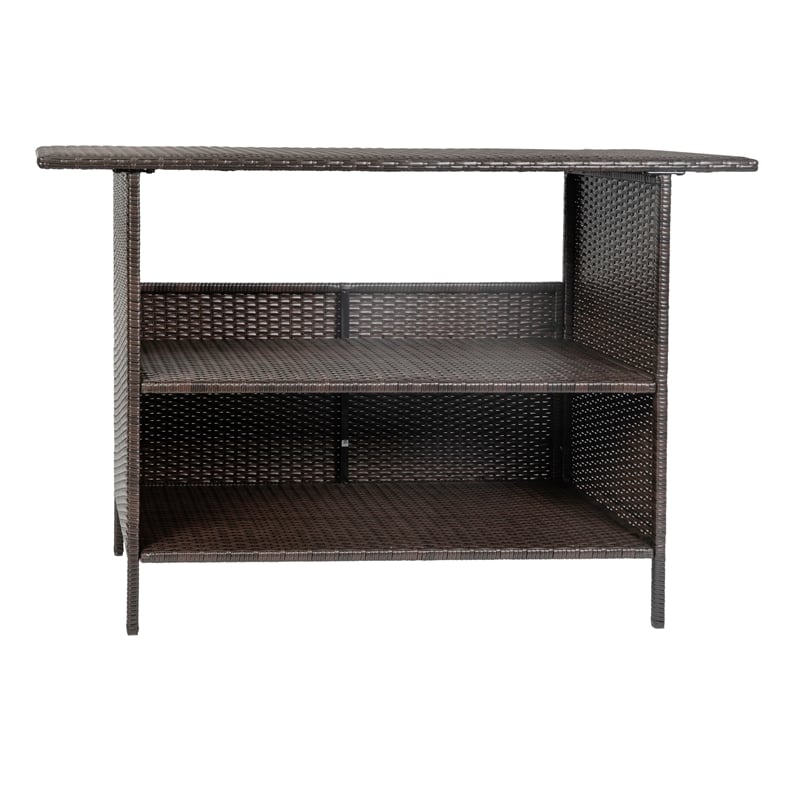 Indoor/Outdoor Wicker Rattan Patio Bar Counter Table with Two Shelves in Brown