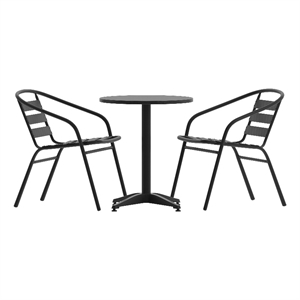 Modern 23.5&quot Round Glass Framed Glass Table with 2 Black Slat Back Chairs
