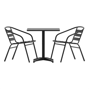 Modern 27.5&quot Square Glass Framed Glass Table with 2 Black Slat Back Chairs