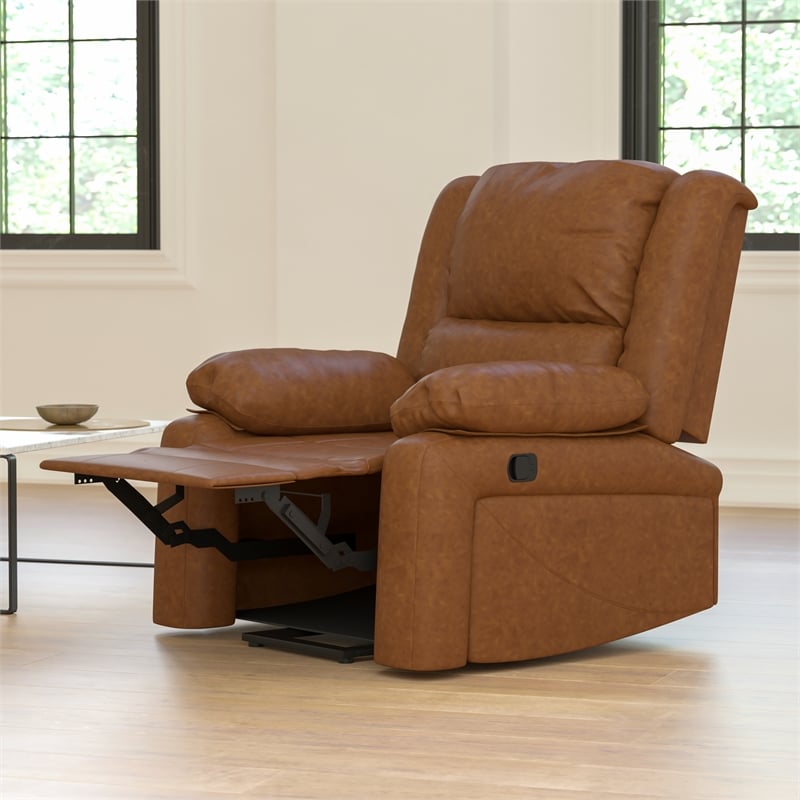 Contemporary Cognac LeatherSoft Pillow Back Recliner - Living Room Furniture