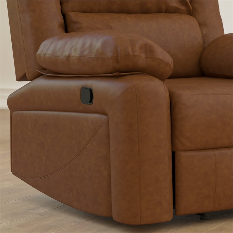 Contemporary Cognac LeatherSoft Pillow Back Recliner - Living Room Furniture