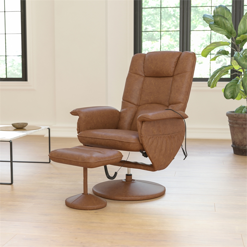 Brown LeatherSoft Massaging Adjustable Recliner w/Ottoman w/Side Pocket