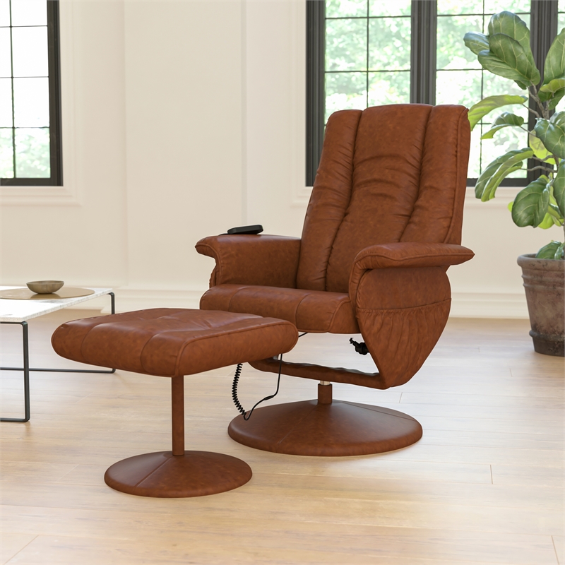 Massaging and Heat Controlled Recliner & Ottoman Set in Brown LeatherSoft
