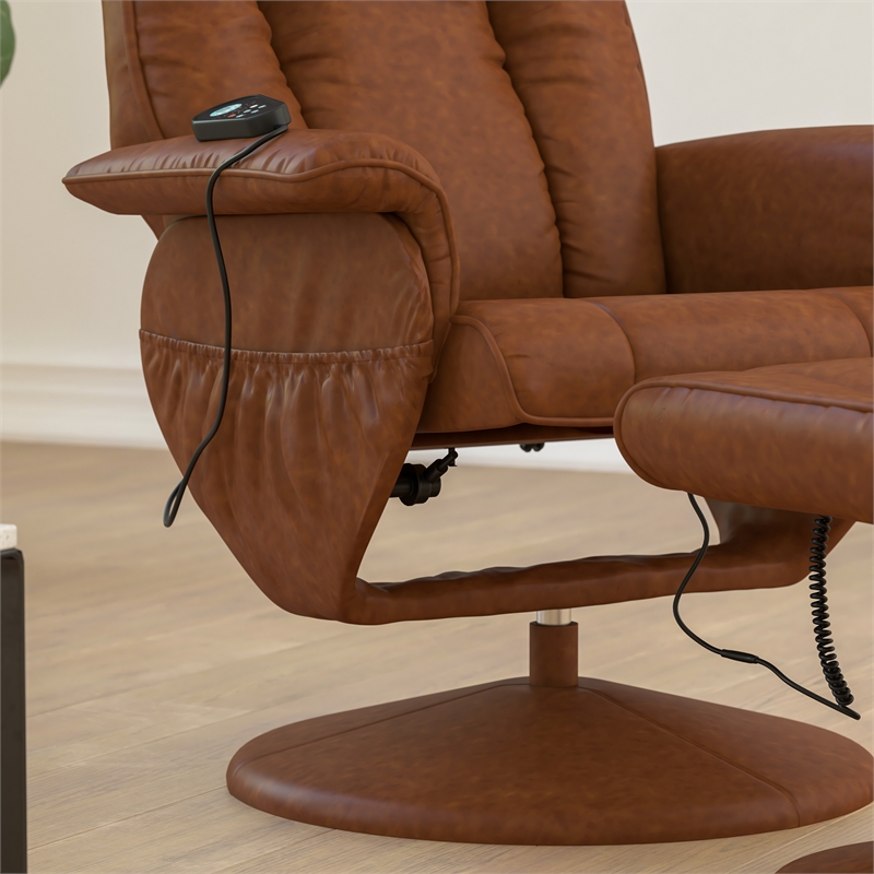 Massaging and Heat Controlled Recliner & Ottoman Set in Brown LeatherSoft