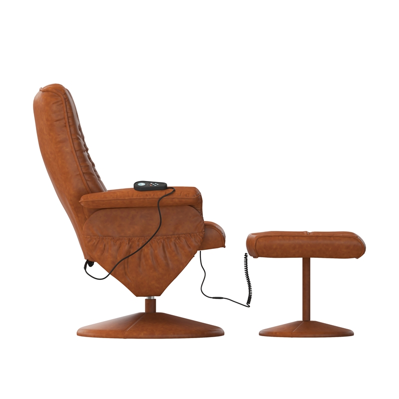 Massaging and Heat Controlled Recliner & Ottoman Set in Brown LeatherSoft