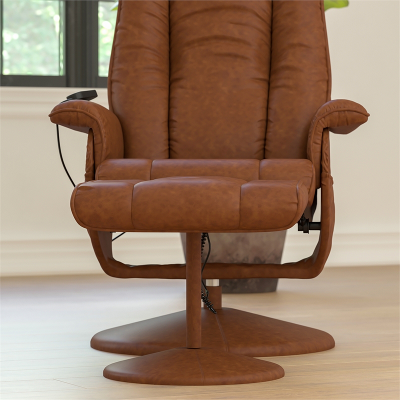 Massaging and Heat Controlled Recliner & Ottoman Set in Brown LeatherSoft