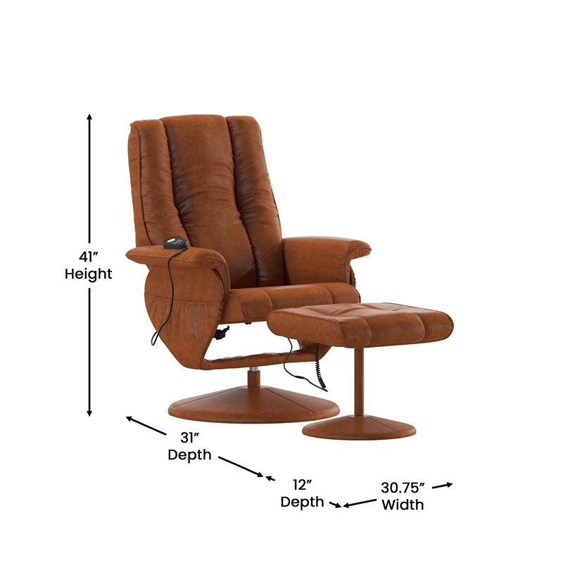 Massaging and Heat Controlled Recliner & Ottoman Set in Brown LeatherSoft