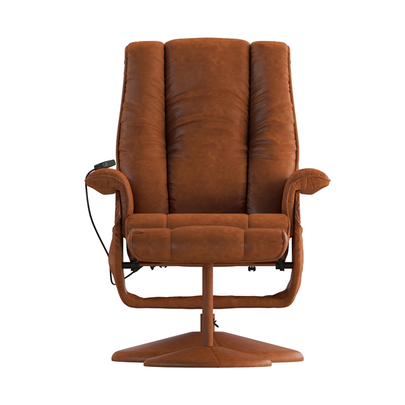 Massaging and Heat Controlled Recliner & Ottoman Set in Brown LeatherSoft