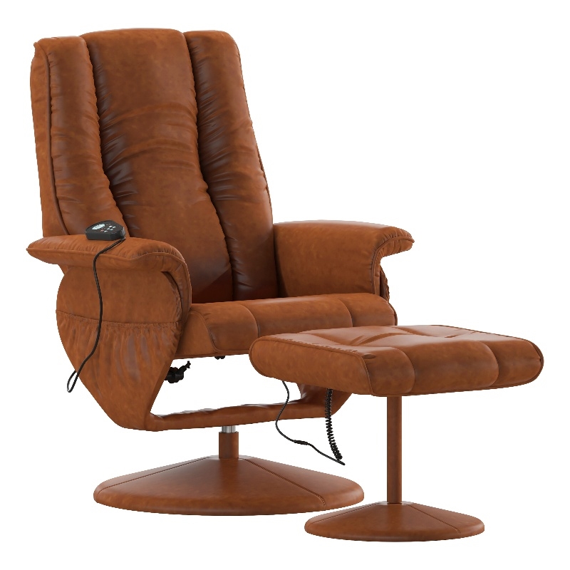 Massaging and Heat Controlled Recliner & Ottoman Set in Brown LeatherSoft
