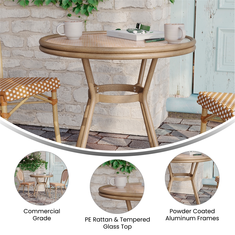 Indoor/Outdoor Commercial Glass Top Bistro Table in Natural/White