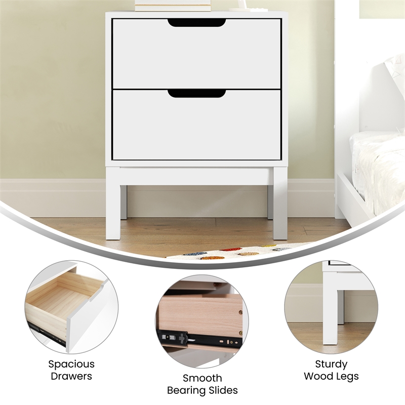 Wooden Night Stand for Kids Bedroom with 2 Storage Drawers in White