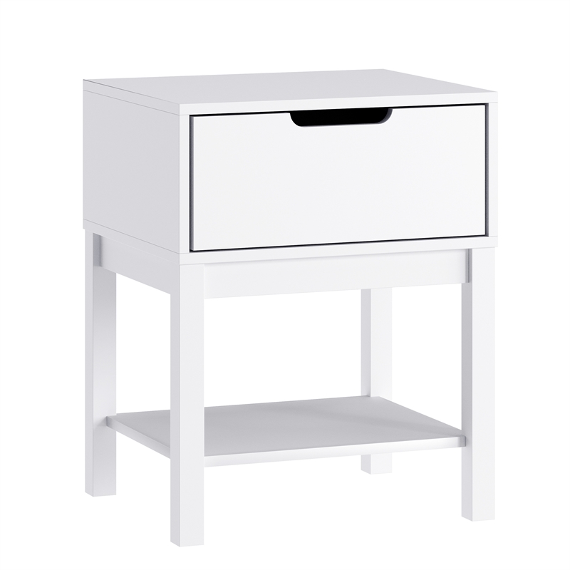 Wooden Night Stand for Kids Bedroom with Storage Drawer and Shelf in White