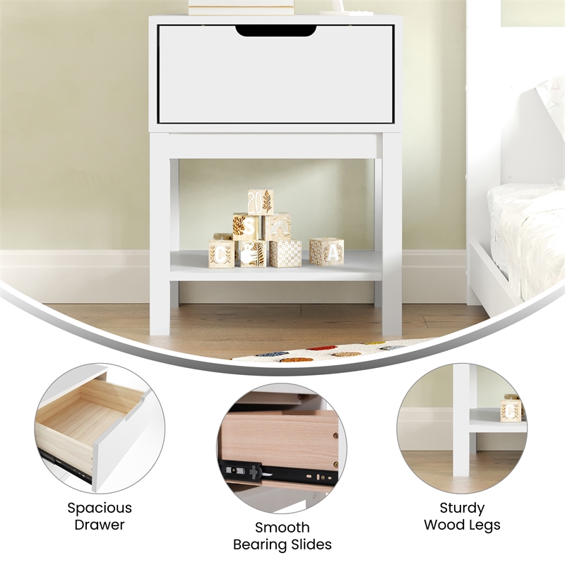 Wooden Night Stand for Kids Bedroom with Storage Drawer and Shelf in White