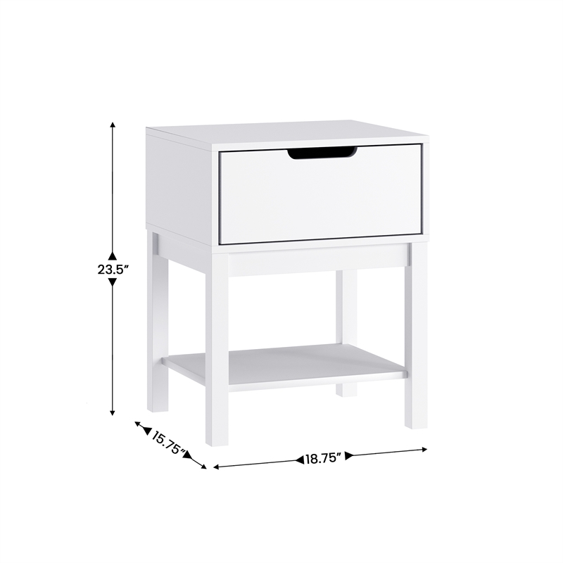 Wooden Night Stand for Kids Bedroom with Storage Drawer and Shelf in White