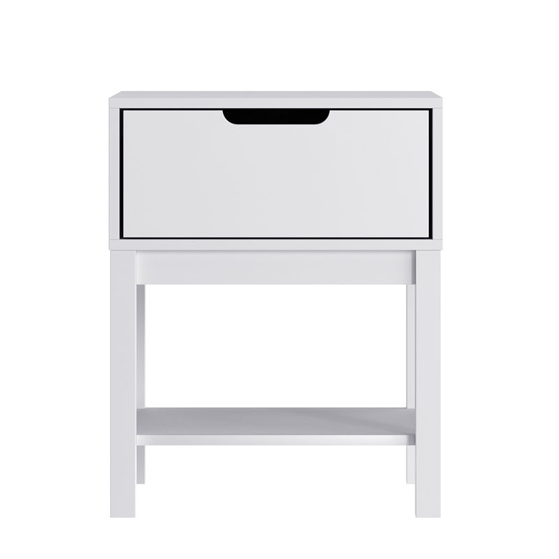 Wooden Night Stand for Kids Bedroom with Storage Drawer and Shelf in White