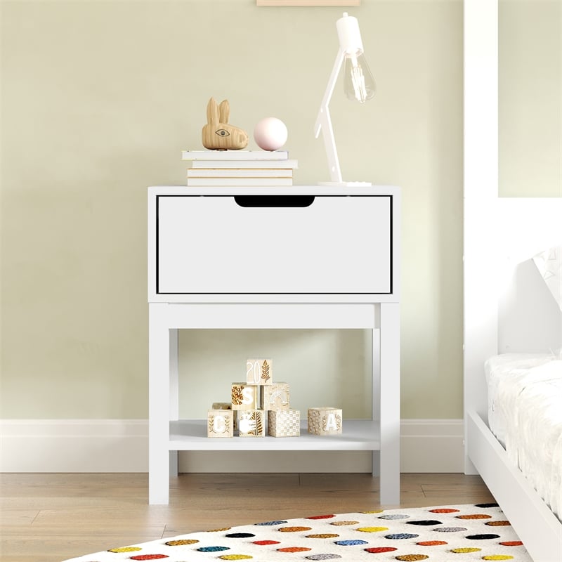 Wooden Night Stand for Kids Bedroom with Storage Drawer and Shelf in White
