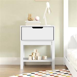 Wooden Night Stand for Kids Bedroom with Storage Drawer and Shelf in White