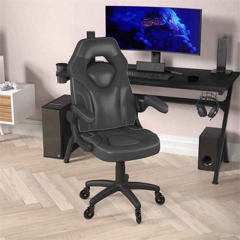 Office Gaming Chair with Skater Wheels & Flip Up Arms - Black LeatherSoft