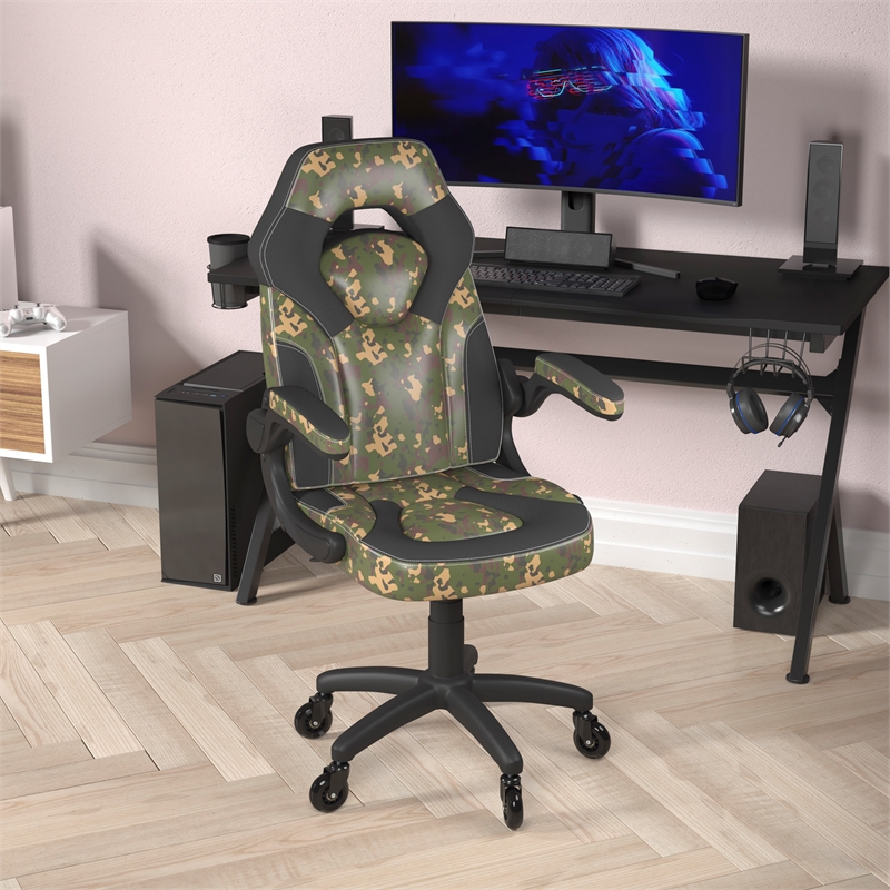 Office Gaming Chair with Skater Wheels & Flip Up Arms - Camouflage LeatherSoft