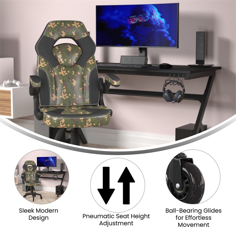 Office Gaming Chair with Skater Wheels & Flip Up Arms - Camouflage LeatherSoft