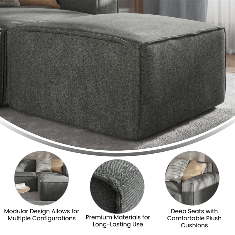Contemporary Modular Sectional Sofa Ottoman in Dark Gray Fabric