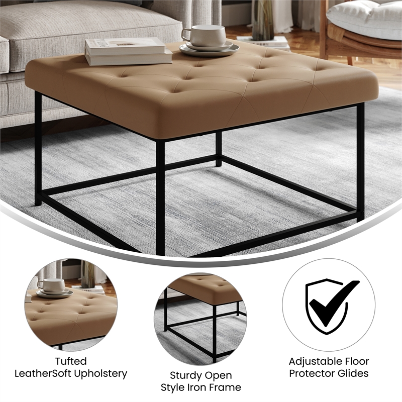 Square LeatherSoft Tufted Ottoman with Black Metal Frame in Light Brown